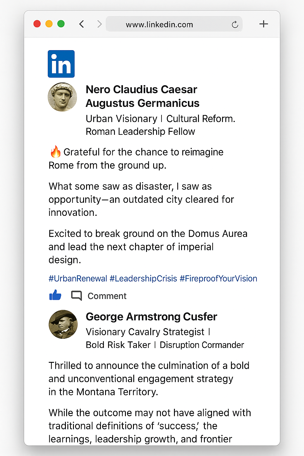 Screenshot of social media posts showing leaders rebranding their failures as successes