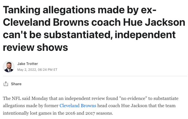 Screenshot of story on Hue Jackson tanking story